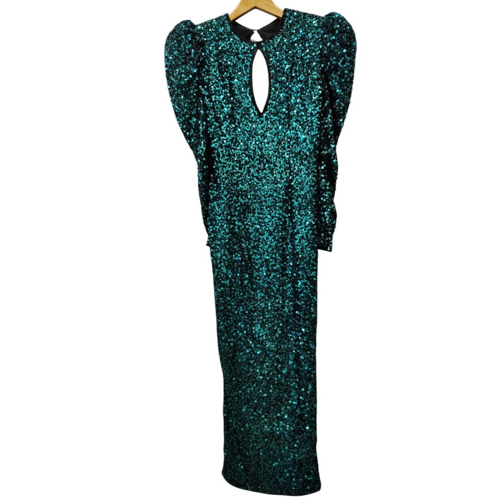 Vintage‎ Black Tie Emerald Green Full Sequin Bubble Sleeve Maxi Bodycon